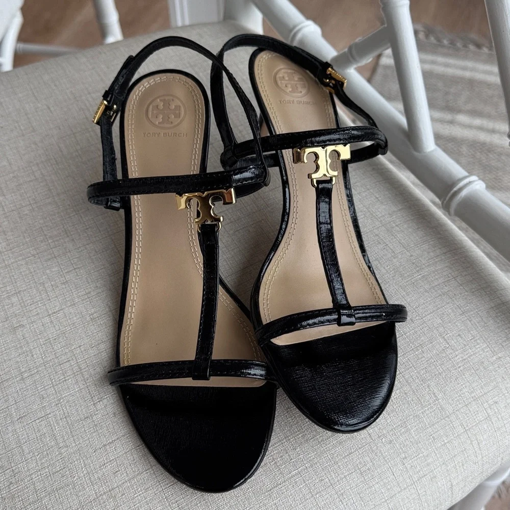 Tory Burch Black Patent Leather T-Strap Sandals with Gold Logo - Picture 12 of 12